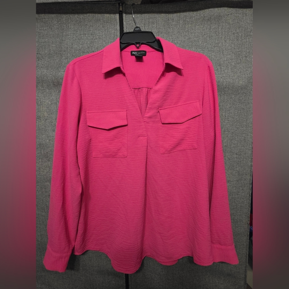 NY Collection Hot Pink Long Sleeve Collared V-Neck Shirt